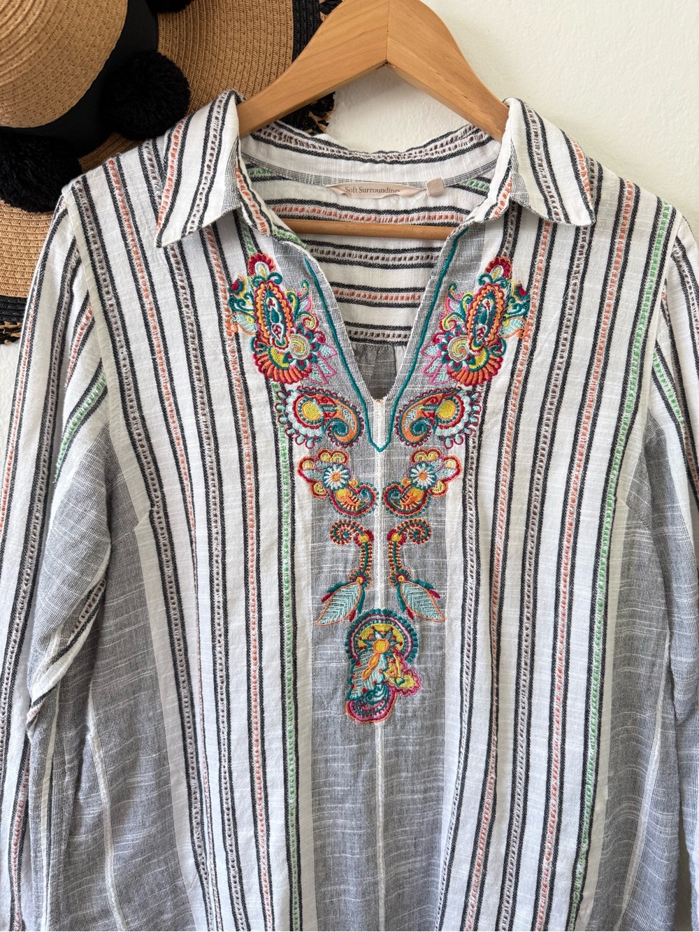 Soft Surroundings Embroidered Stripe Cotton Tunic Top Size Large Boho Lagenlook - Picture 9 of 16